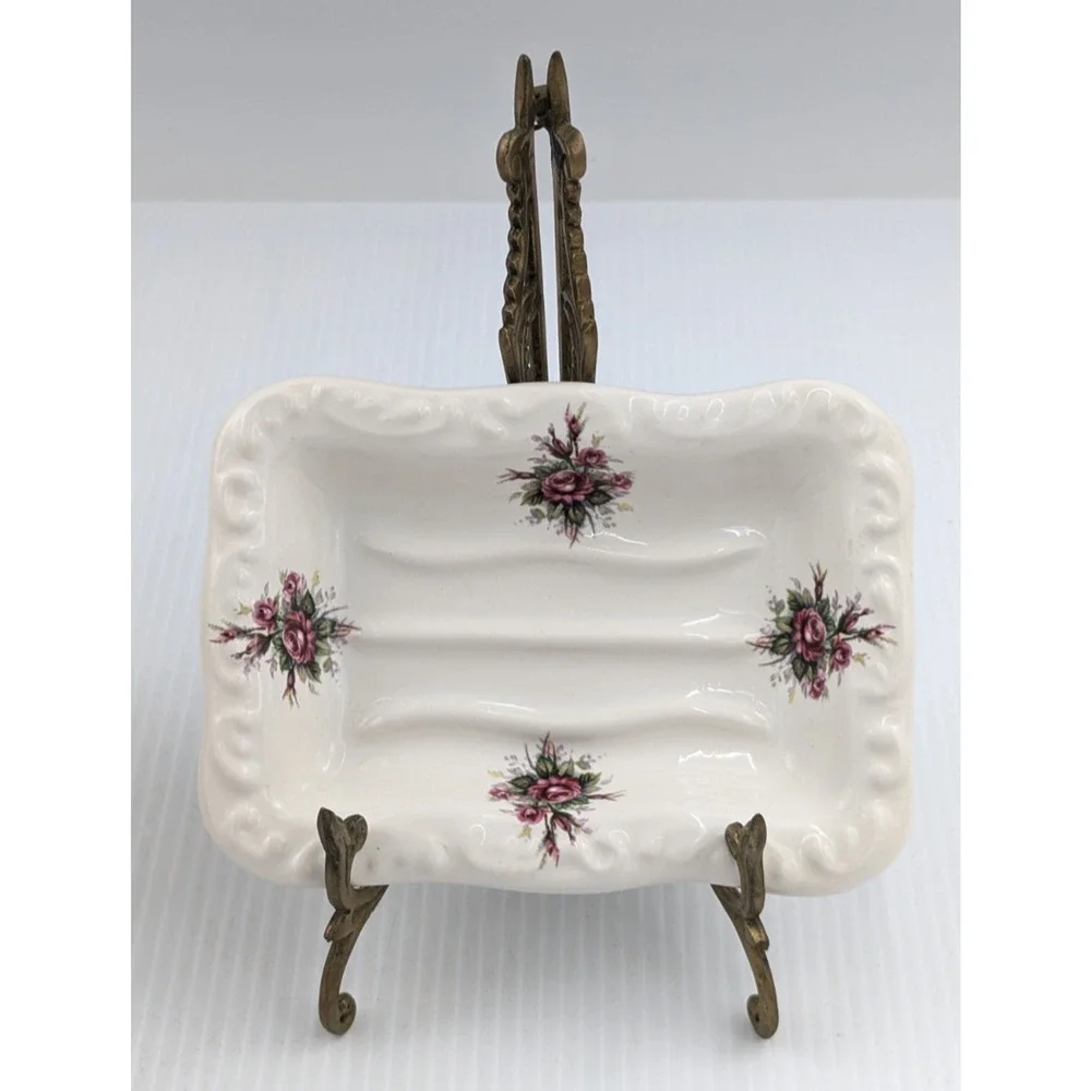 Athena California Pottery Roses Floral Rose Rhapsody Tissue Box Holder Soap Dish